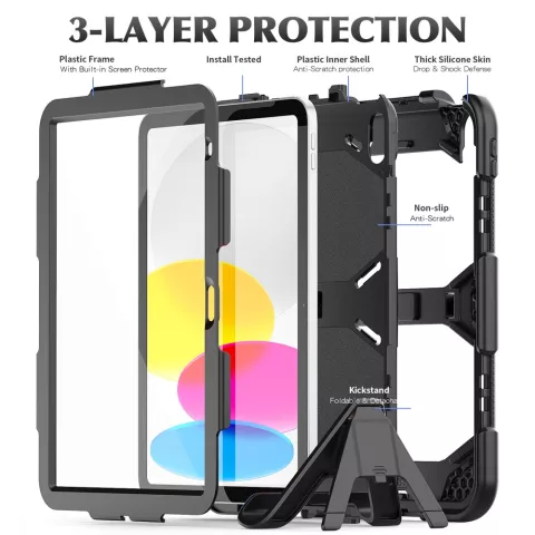 &Eacute;tui robuste en plastique et silicone Survivor Kickstand compatible avec iPad 10e g&eacute;n&eacute;ration 10,9 pouces 2022 - noir