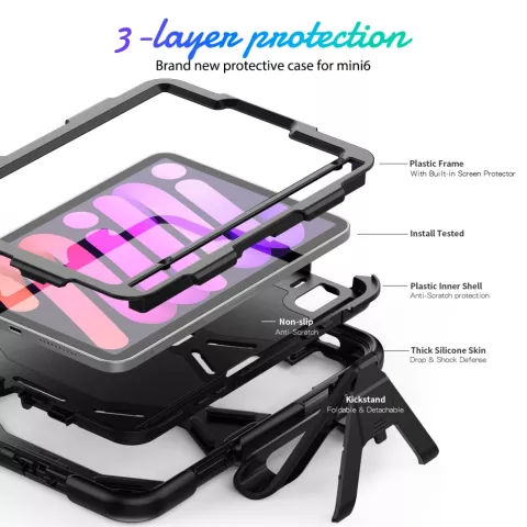 &Eacute;tui robuste en plastique et silicone Survivor Kickstand compatible avec iPad mini 6 (2021) et &agrave; l&#039;iPad mini 7 (2024) - noir