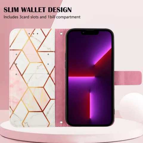 &Eacute;tui en cuir artificiel Rose Marble Wallet compatible avec iPhone 12 Pro Max - blanc et rose