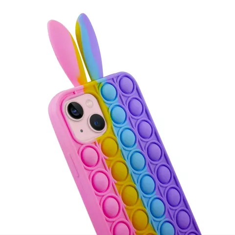 Coque en silicone Bunny Pop Fidget Bubble compatible avec iPhone 15 - rose, jaune, bleu et violet