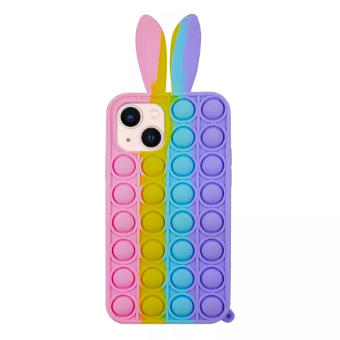Coque en silicone Bunny Pop Fidget Bubble pour iPhone 15 Plus - Rose, Jaune, Bleu et Violet