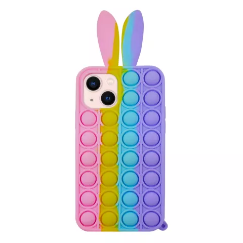 Coque en silicone Bunny Pop Fidget Bubble compatible avec iPhone 15 Plus - rose, jaune, bleu et violet