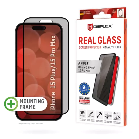 Displex Privacy Glass Protecteur d&#039;&eacute;cran compatible avec iPhone 15 Plus et iPhone 15 Pro Max - Transparent