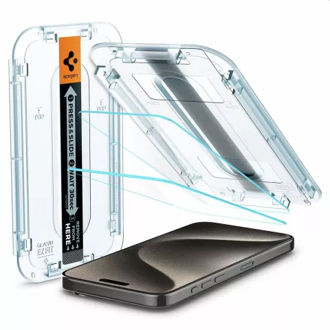 Spigen Glass avec cadre de montage EZ FIT Lot de 2 films de protection d&#039;&eacute;cran compatible avec iPhone 15 Pro Max - Transparent
