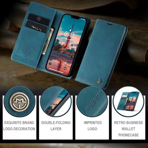 &Eacute;tui portefeuille r&eacute;tro Caseme pour iPhone 15 - Bleu