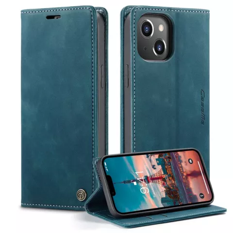 &Eacute;tui portefeuille r&eacute;tro Caseme compatible avec iPhone 15 Plus - Bleu