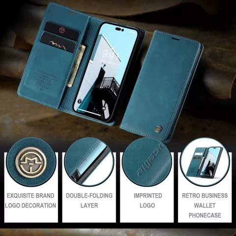 &Eacute;tui portefeuille r&eacute;tro Caseme compatible avec iPhone 15 Pro - Bleu