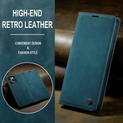&Eacute;tui portefeuille r&eacute;tro Caseme compatible avec iPhone 15 Pro - Bleu