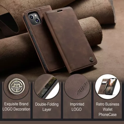 &Eacute;tui portefeuille r&eacute;tro Caseme compatible avec iPhone 15 Plus - Caf&eacute;
