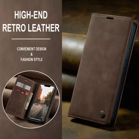 &Eacute;tui portefeuille r&eacute;tro Caseme compatible avec iPhone 15 Plus - Caf&eacute;