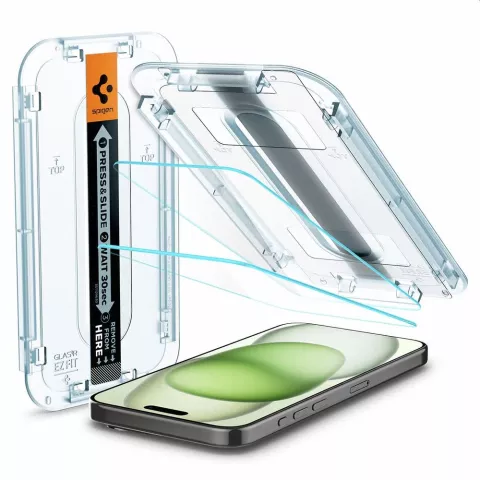 Spigen Glass Mounting Frame EZ FIT 2 Pack AGL06883 Protecteur d&#039;&eacute;cran pour iPhone 15 Plus - Transparent