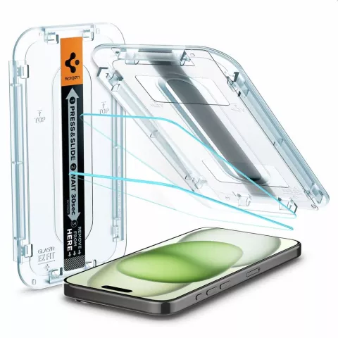 Spigen Glass Mounting Frame EZ FIT 2 Pack AGL06883 Protecteur d&#039;&eacute;cran compatible avec iPhone 15 Plus - Transparent