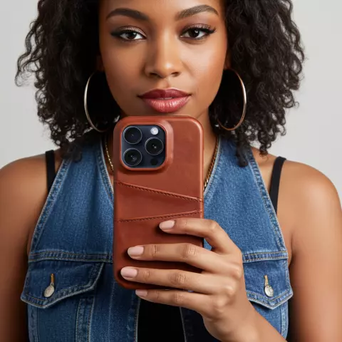 &Eacute;tui en cuir v&eacute;g&eacute;talien Duo Cardslot Wallet compatible avec iPhone 15 - marron