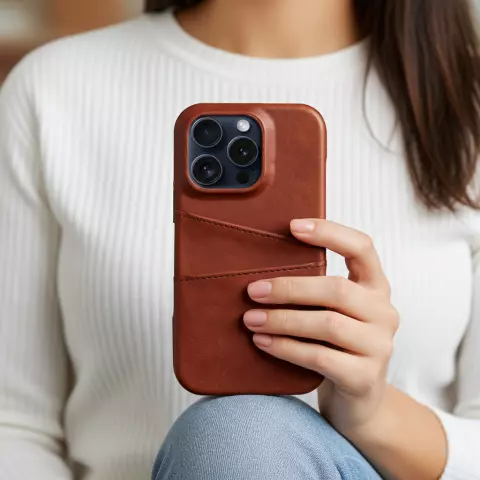 &Eacute;tui en cuir v&eacute;g&eacute;talien Duo Cardslot Wallet compatible avec iPhone 15 - marron