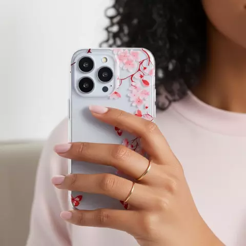 Coque en TPU Zen Blossom Flower Branches Nature Papillons compatible avec iPhone 15 Plus - Transparente