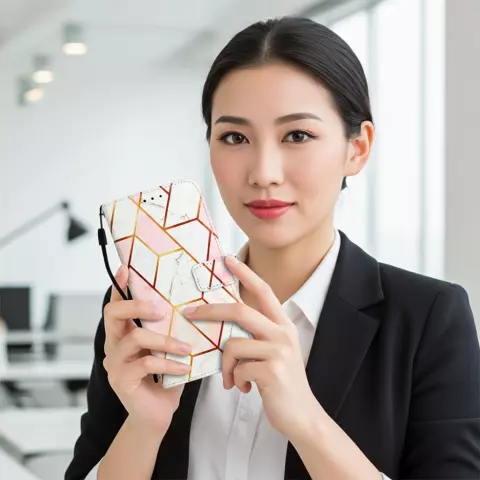 &Eacute;tui en cuir artificiel Rose Marble Wallet compatible avec iPhone 12 et 12 Pro - blanc et rose