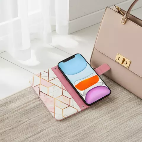 &Eacute;tui en cuir artificiel Rose Marble Wallet compatible avec iPhone 12 et 12 Pro - blanc et rose