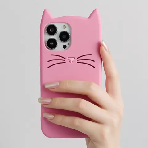 Coque en silicone chat mignon compatible avec iPhone 15 - rose