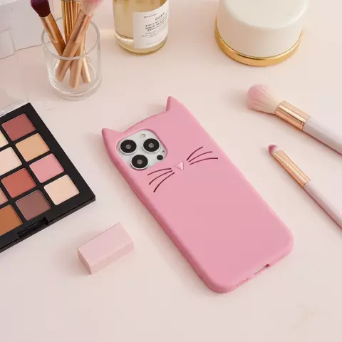 Coque en silicone chat mignon compatible avec iPhone 15 - rose