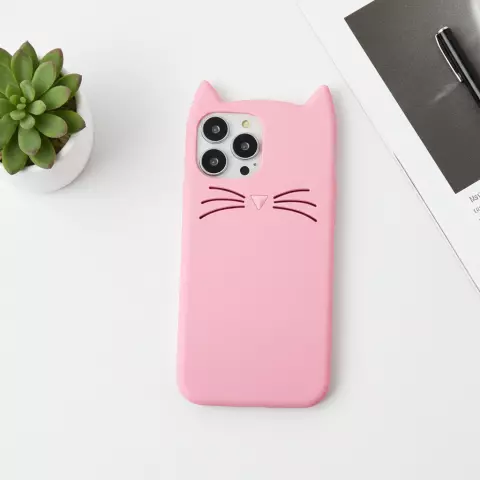 Coque en silicone chat mignon compatible avec iPhone 15 - rose
