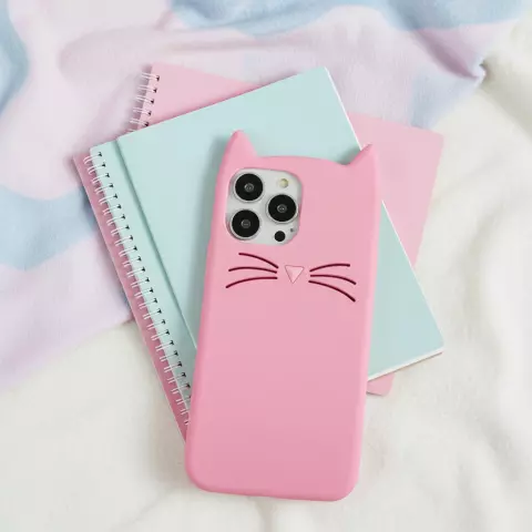 Coque en silicone chat mignon compatible avec iPhone 15 - rose