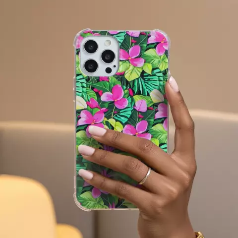 Coque en TPU avec feuilles et fleurs tropicales avec coins renforc&eacute;s compatible avec iPhone 15 Pro Max