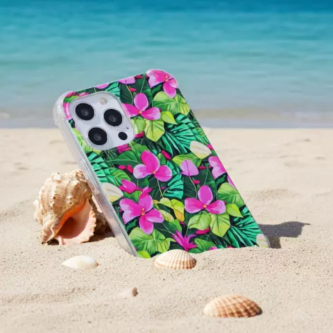 Coque en TPU avec feuilles et fleurs tropicales avec coins renforc&eacute;s compatible avec iPhone 14