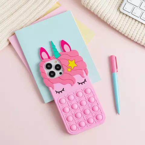 Coque en silicone Unicorn Pop Fidget Bubble compatible avec iPhone 15 Plus - rose