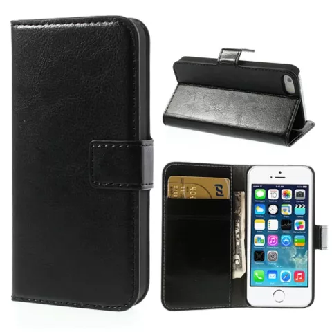 &Eacute;tui et portefeuille en cuir noir compatible avec iPhone 5 5s SE 2016