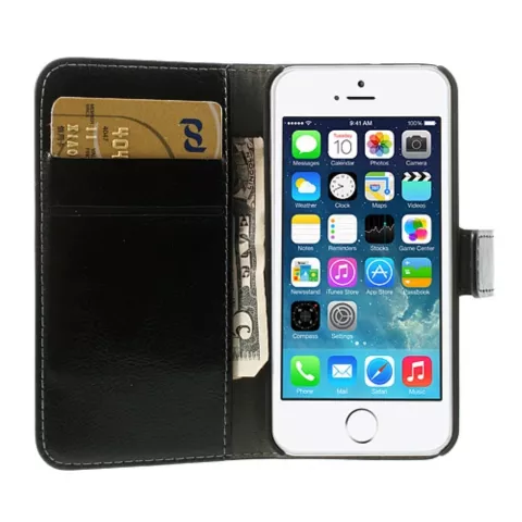 &Eacute;tui et portefeuille en cuir noir compatible avec iPhone 5 5s SE 2016