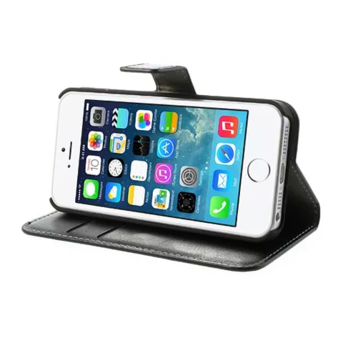 &Eacute;tui et portefeuille en cuir noir compatible avec iPhone 5 5s SE 2016