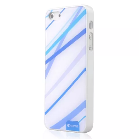 &Eacute;tui bleu blanc Comma pour iPhone 5 5s SE 2016 rigide avec lignes bleues