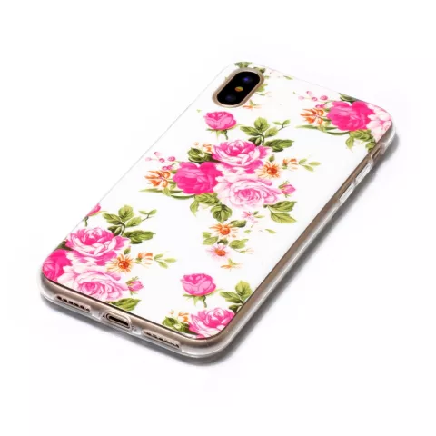 Coque Flower TPU iPhone X XS roses Coque rose blanche