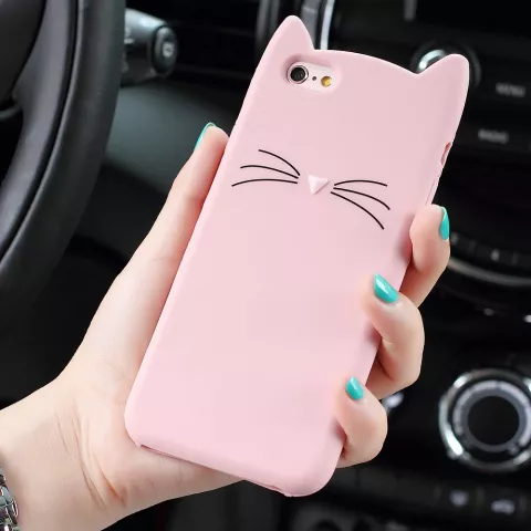 Moustaches de chat mignonnes compatible avec iPhone 6 6s, &eacute;tui de protection avec oreilles de chaton - Rose
