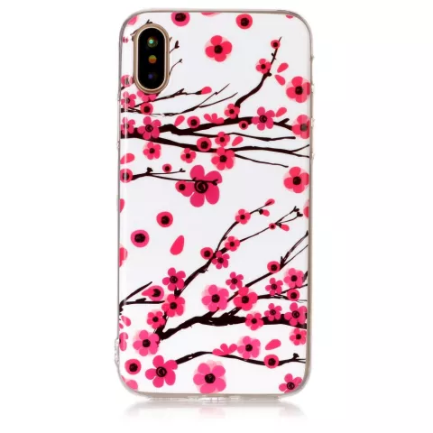 Coque compatible avec iPhone X XS branches rouges fleurs printemps TPU blanc