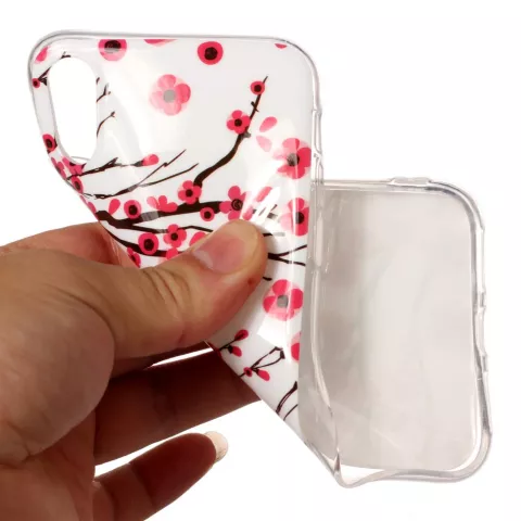 Coque compatible avec iPhone X XS branches rouges fleurs printemps TPU blanc