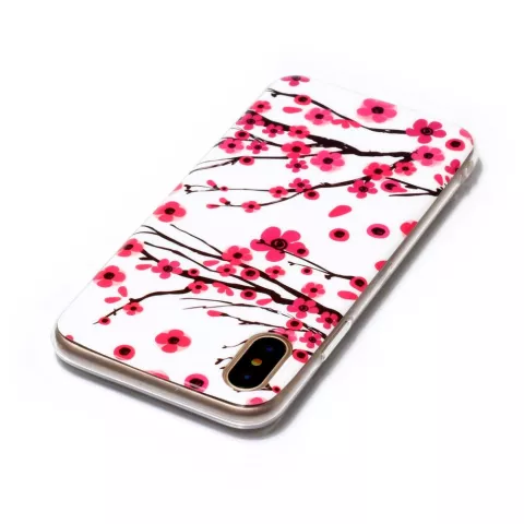 Coque compatible avec iPhone X XS branches rouges fleurs printemps TPU blanc