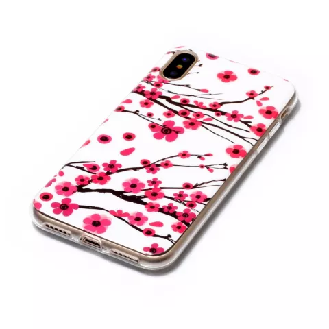 Coque iPhone X XS branches rouges fleurs printemps TPU blanc