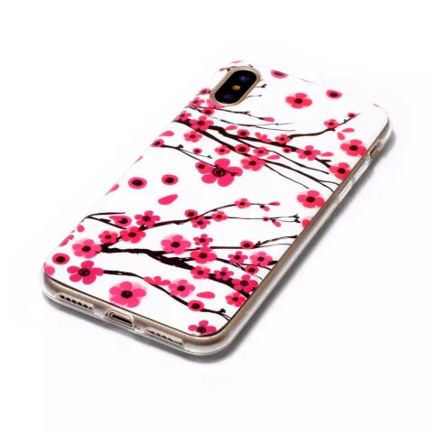 Coque compatible avec iPhone X XS branches rouges fleurs printemps TPU blanc