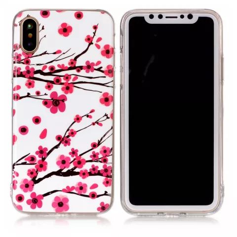 Coque compatible avec iPhone X XS branches rouges fleurs printemps TPU blanc