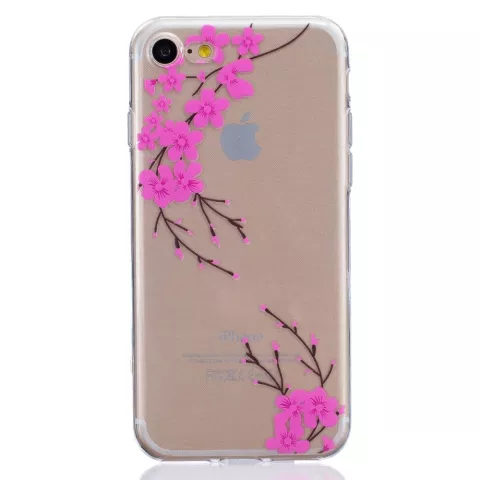 Coque transparente en silicone rose pour iPhone 7 8 SE 2020 SE 2022 avec branche de fleur rose