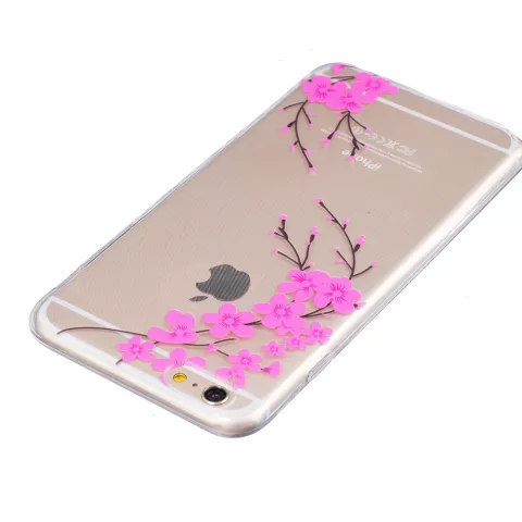 Coque en silicone transparente avec branche de fleur rose compatible avec iPhone 6 6s