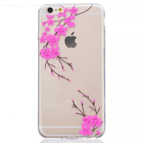 Coque en silicone transparente avec branche de fleur rose compatible avec iPhone 6 6s