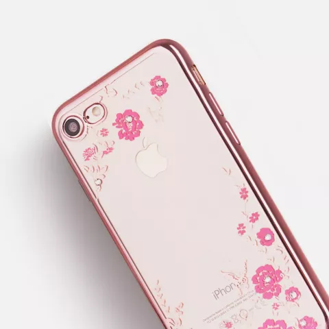 Coque TPU iPhone 7 8 SE 2020 SE 2022 en or rose avec des fleurs roses