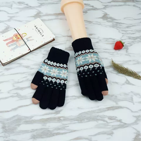 Gants tactiles hiver laine bleu flocon de neige