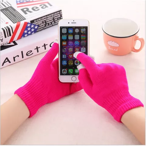 Gants tactiles hiver laine rose vif