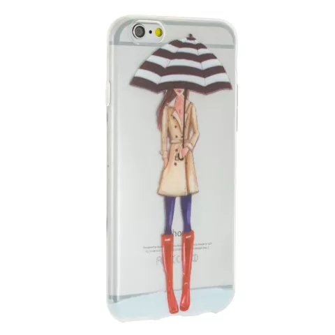 Coque en TPU Fille Parapluie de Pluie compatible avec iPhone 6 6s - Trench-Coat Bottes Rouges - Transparent
