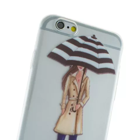 Coque en TPU Fille Parapluie de Pluie compatible avec iPhone 6 6s - Trench-Coat Bottes Rouges - Transparent