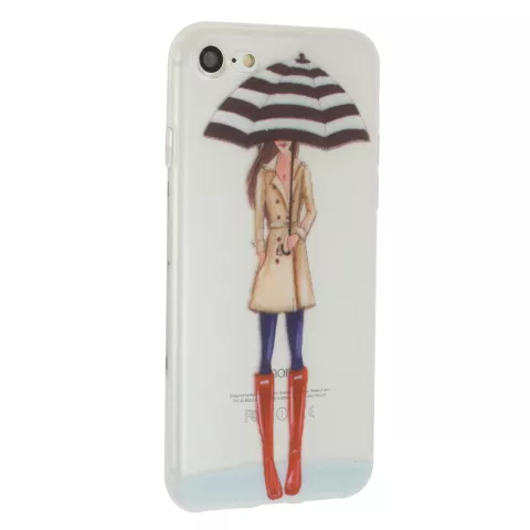 Coque en TPU Rain Umbrella Girl compatible avec iPhone 7 8 SE 2020 SE 2022 - Trench-Coat Bottes Rouges - Transparent