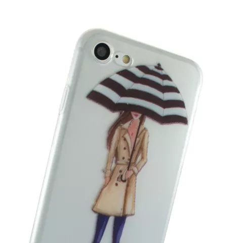 Coque en TPU Rain Umbrella Girl compatible avec iPhone 7 8 SE 2020 SE 2022 - Trench-Coat Bottes Rouges - Transparent